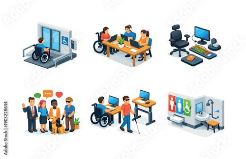 Workplace inclusion. Isometric flat vector icons set of workplace inclusion: accessible office entrance, inclusive desk arrangement, adaptive