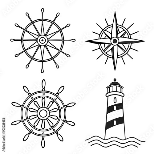 A collection of nautical symbols including a lighthouse and ship wheels Vector