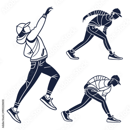 Three individuals demonstrating various exercises in a gym setting Vector