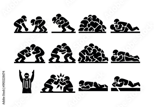 Goal Line Stop. Solid icon set of Goal Line Stop: goal line stance, short yardage run, defensive pile, low tackle, forward lean, stopped