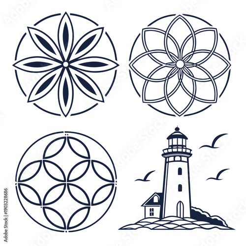 A collection of intricate geometric patterns and a lighthouse illustration Vector