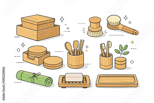 Minimal bamboo decor set. Natural objects such as storage boxes, coasters and brushes laid out neatly, evoking eco-living and soft