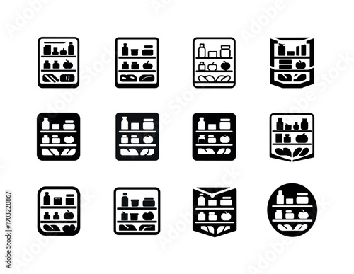 Organizing fridge shelves. Icon set. Set Logo of Organizing fridge shelves: clear fridge door view. harmonious logo variations of the same