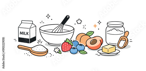 Spring Dessert Ingredients. Fresh ingredients for spring desserts. Close-up inspired arrangement of seasonal fruits and simple baking items, ready to be mixed.