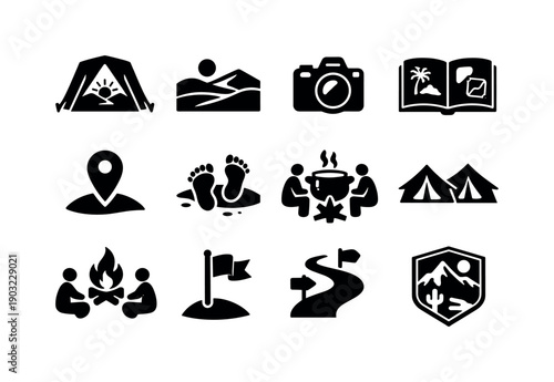 Desert camping experiences. Solid icon set of travel moments: sunrise tent view, sunset dunes, photography camera, travel journal, memory