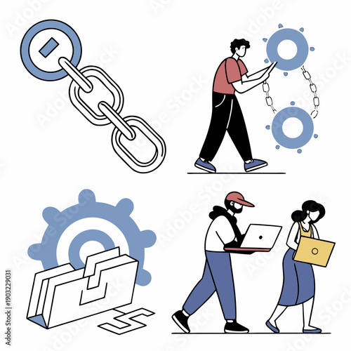 A diverse team of professionals collaborating on a project with gears and chains. Vector