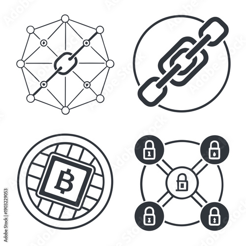 A collection of interconnected nodes and symbols representing blockchain technology Vector