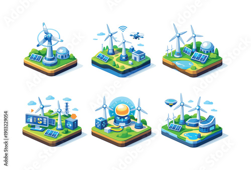 Future wind energy. Isometric flat vector icons set of future wind energy: next generation turbines, smart wind farm landscape, advanced