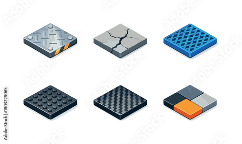 Industrial textures. Isometric flat vector icons set of industrial textures: metal plate texture, concrete surface crack, plastic mesh