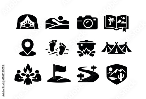Desert camping experiences. Solid icon set of travel moments: sunrise tent view, sunset dunes, photography camera, travel journal, memory