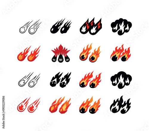 Fire Emblem Icons. Fire and brimstone raining down. Icon set. Set Logo of Fire and brimstone raining down: falling fireballs from sky. harmonious