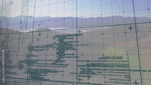 Handheld pan shifting frosted grid while teal code blocks sliding right revealing center