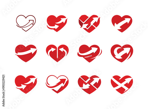 Blood Circulation Icons. Blood circulation. Icon set. Set Logo of blood circulation: heart with arrows. harmonious logo variations of the same emblematic