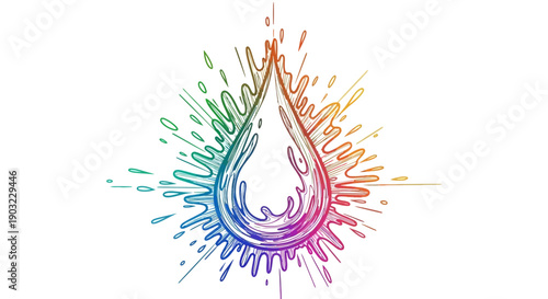 Colorful hand-drawn liquid splash in a dynamic water drop shape with rainbow gradient doodle effect