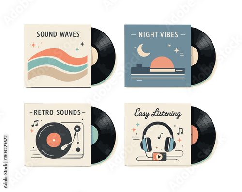 Retro Vinyl Art. Retro vinyl record covers. A curated set of LP sleeves in muted tones, displayed with some records half-pulled out, expressing vintage audio