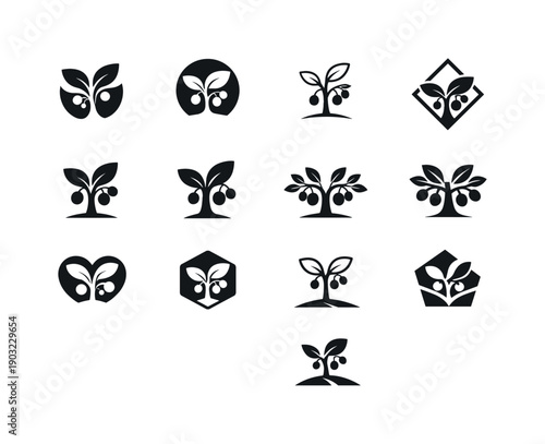 Fruit tree. Icon set. Set Logo of fruit tree: young fruit sapling. harmonious logo variations of the same emblematic concept, each with