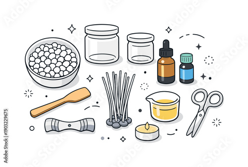 Candle Making Essentials. Candle making supplies flat lay. Top view of wax pellets, wicks, essential oil bottles, and jars arranged evenly, showing preparation