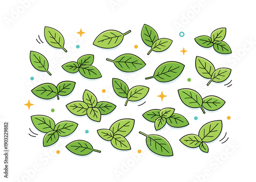 Basil leaves flat lay. Loose basil leaves scattered gently in a balanced top-view arrangement. The mood is light and organic, suggesting