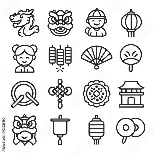 Icons representing cultural celebration and traditions in a festive setting with various symbols, lanterns, and characters