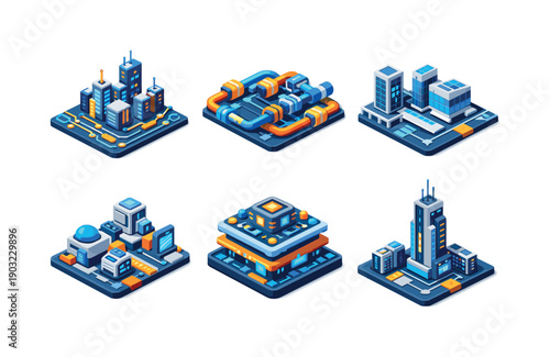 Techno architecture. Isometric flat vector icons set of techno architecture: sci fi city circuit, energy conduit lines, high tech building