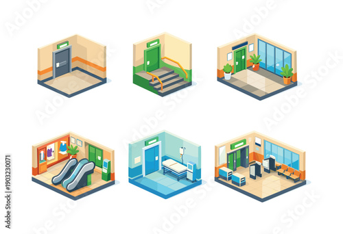 Isometric Exit Signs Grid. Installation locations. Isometric flat vector icons set of Installation locations: corridor exit sign, stairwell exit sign, office