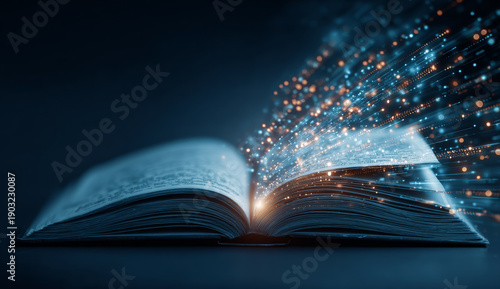 Open book with glowing pages and dynamic digital data flow illustrating technology, information transfer, and knowledge sharing