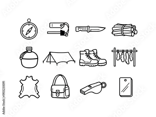 Survival Gear Icons. Wilderness survival gear. Line icon set of Wilderness survival gear: compass, flint striker, survival knife, firewood bundle, water