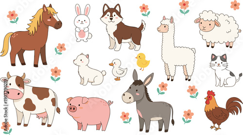 Cute farm animal collection with horse cow pig donkey sheep chicken duck llama rabbit and cat cartoon vector illustration set