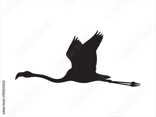 Flamingo Flying Silhouette Elongated Flat Vector art, Flying Flamingo Bird Silhouette Minimal Vector Illustration