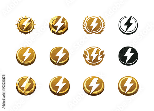 Employee motivation and incentive programs. Icon set. Set Logo of employee motivation and incentive programs: reward coin and lightning bolt.