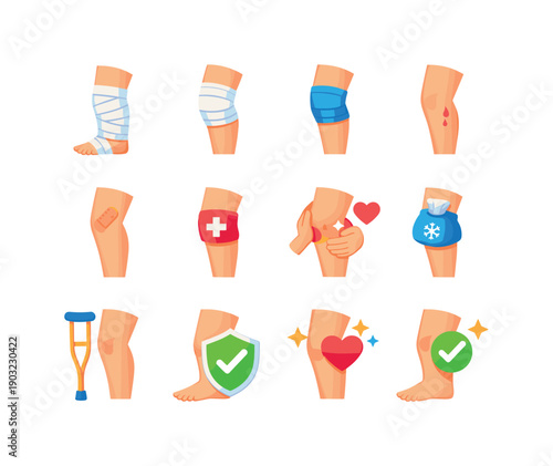 Wounded leg. Colorful flat vector icons set of wounded leg: bandaged leg, knee bandage, leg with wrap, minor injury icon, first aid leg,