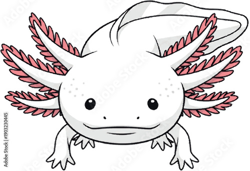 Cute cartoon illustration of a white axolotl with pink frilly gills, a popular aquatic salamander species