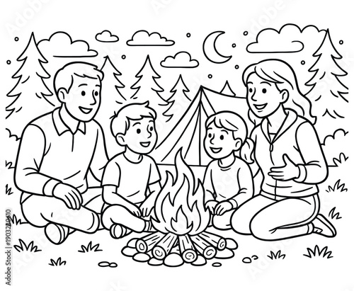 Family sitting around campfire at night forest camping outdoor coloring book page vector