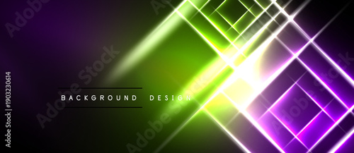 Abstract background features vibrant neon lines, squares, gradients. Purple, green hues dominate design, creating dynamic visual effect.