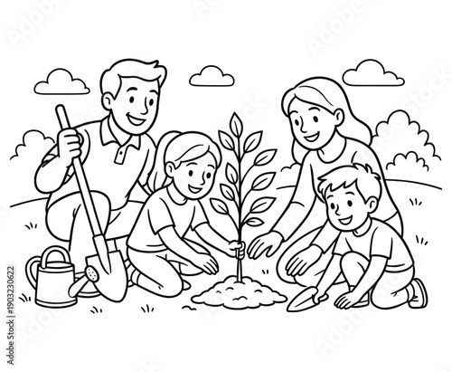 Family planting young tree together in garden backyard coloring book page line art vector
