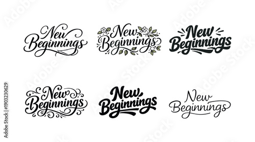 New Beginnings Lettering Grid. New beginnings spring phrase. Set lettering. harmonious lettering variations of the same emblematic concept, each with different