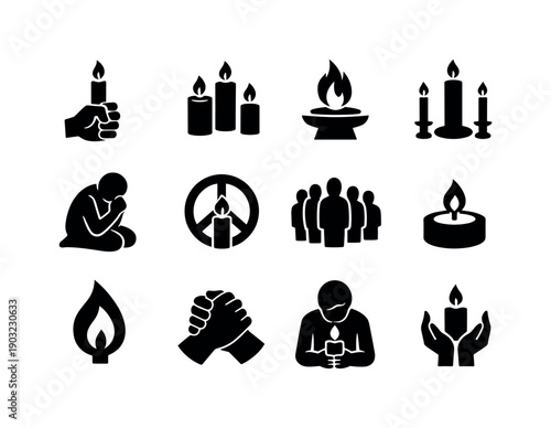 Candlelight Vigil. Solid icon set of Candlelight Vigil: raised candle hand, group candle lights, memorial flame, unity candle, silent vigil