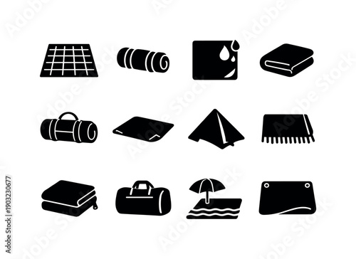 Outdoor blanket. Solid icon set of outdoor blanket: picnic blanket, rolled camping blanket, waterproof blanket, folded travel blanket, carry