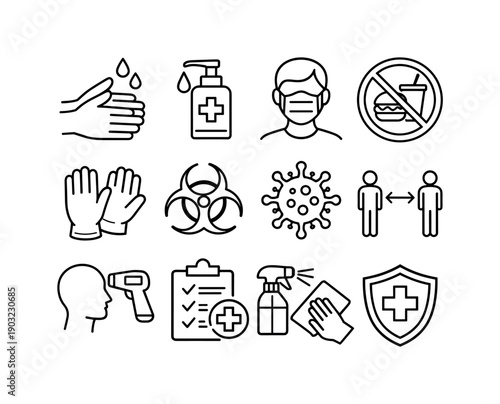 Health and Safety Signs. Line icon set of Health and Safety Signs: hand washing sign, sanitizer symbol, face mask required, no food sign,