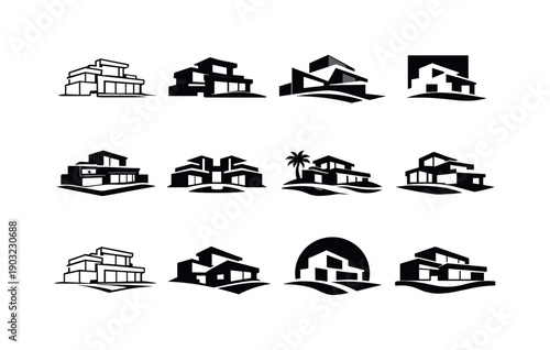 Luxury home design and features. Icon set. Set Logo of Luxury home design and features: modern luxury villa silhouette. harmonious logo
