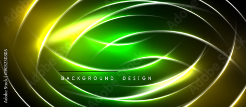 Abstract design features vibrant green, yellow curves. Lines create dynamic, flowing effect against dark background. Text reads background design.