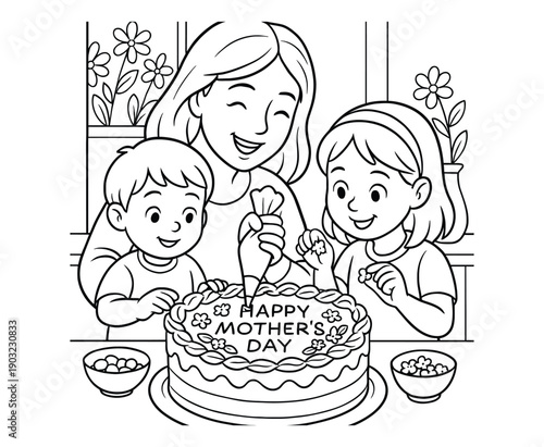 Mom with kids decorating happy mothers day cake in kitchen coloring book page line vector