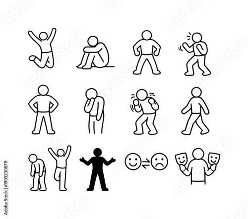 Emotional Icon Set. Emotional body language. Line icon set of Emotional body language: joyful jump, sad posture, angry stance, fearful recoil, confident pose,