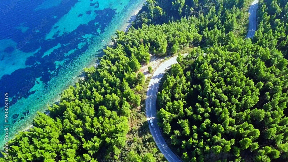 Obraz premium Aerial View of Serpentine Road Alongside Vibrant Lush Forest and Tranquil Blue Water in Greece