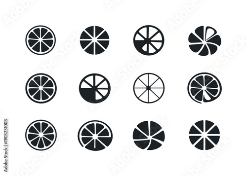 Fruits. Icon set. Set Logo of fruits: citrus slice. harmonious logo variations of the same emblematic concept, each with different artistic