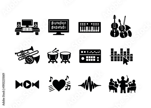 Modern film scoring. Solid icon set of modern film scoring: composer desk, digital score, MIDI keyboard, orchestral strings, brass section,