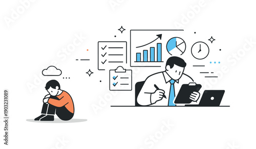 Human cost of efficiency and empathy loss. A manager focused on metrics while an employee nearby appears small and quiet. The scene reflects