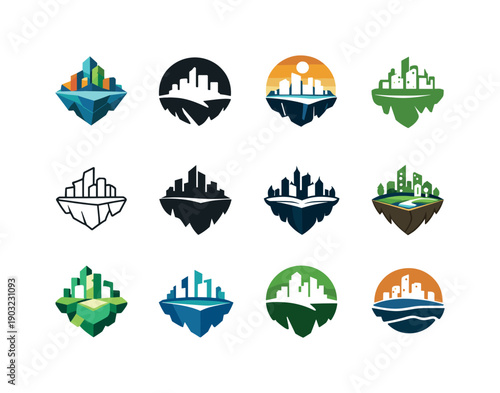 Floating Island Logos. Miniature worlds and microcosms. Icon set. Set Logo of Miniature worlds and microcosms: tiny city on floating island. harmonious logo