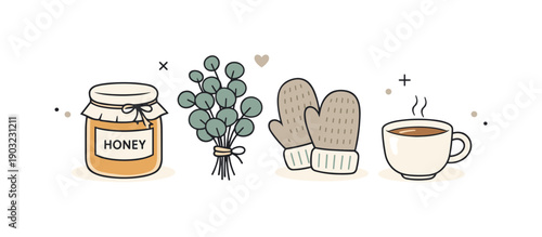 Winter Wellness Collection. Neutral winter wellness collection. Simple objects like a jar of honey, eucalyptus bundle, wool mittens and a ceramic cup arranged