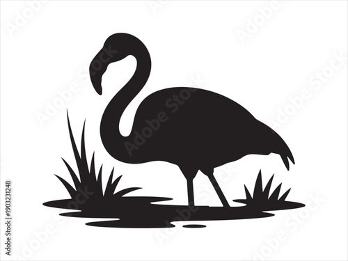 Silhouette of flamingo in water with grass vector isolated, Flamingo Standing in Wetland Water Silhouette Vector Illustration